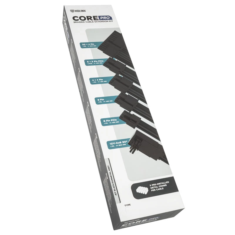 Kolink Core Pro Prašytas kabelių prailginimo rinkinys 12V-2x6 Type 2 – Jet Black/Gunmetal