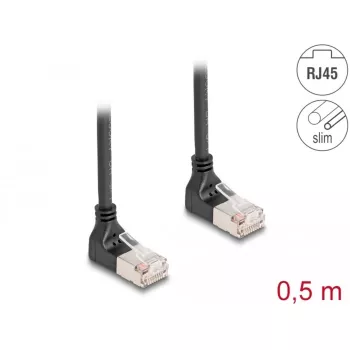DeLOCK RJ45 Cat.6A S/FTP plonas tinklo kabelis 90° į viršų 0,5 m juodas