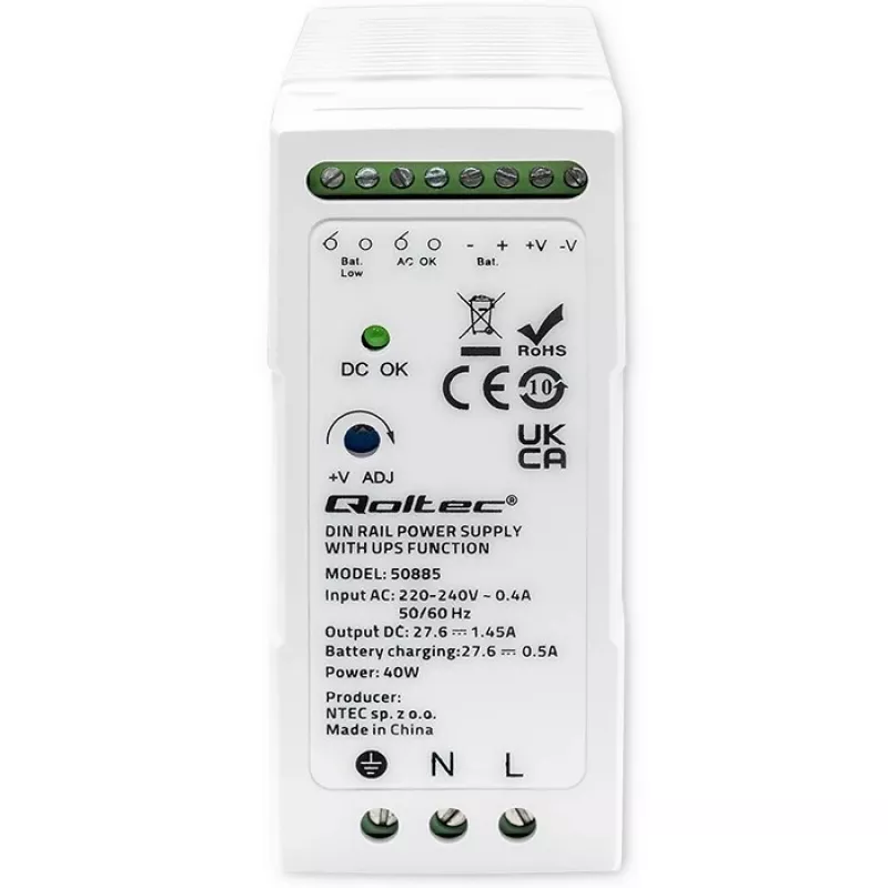 Qoltec 50885 Stabilus DIN bėgio maitinimo šaltinis su UPS funkcija | 40W
