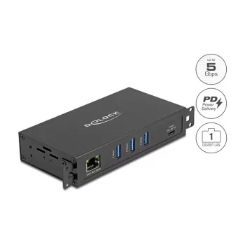 USB stotelė DELOCK 3 prievadai 5 Gbps su RJ45 Gigabit PoE++ ir USB Type-C jungtimi, metalinis korpusas, 1,5 kV izoliacija, juoda