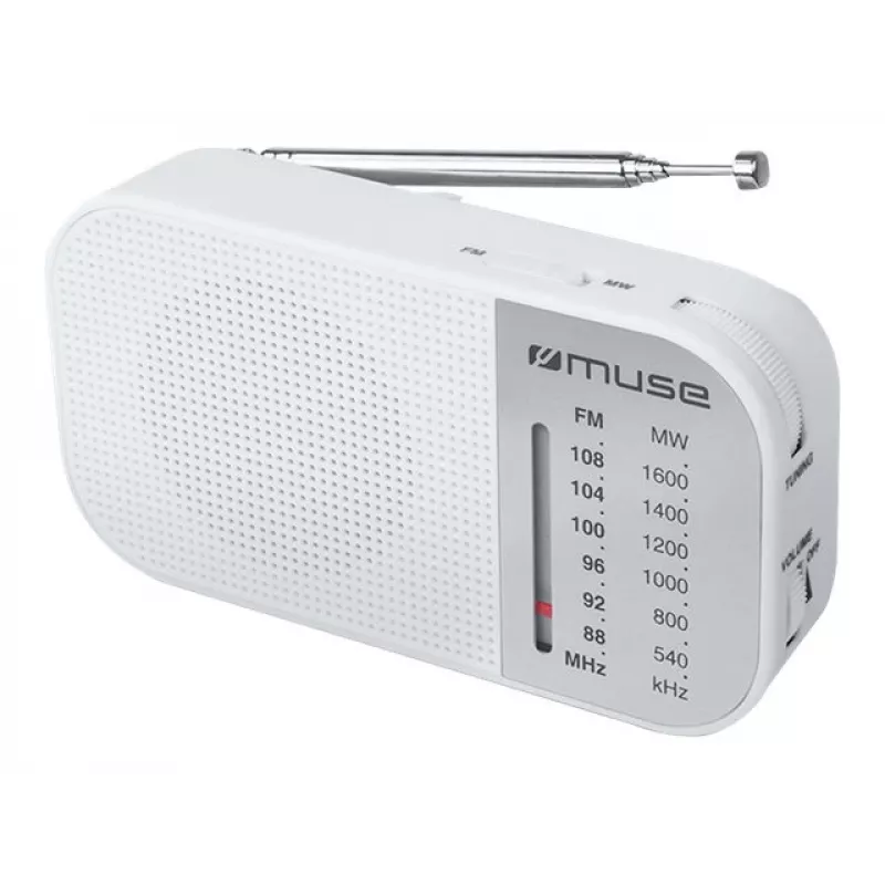 Nešiojamas radijas Muse M-025 RW – analoginis FM/MW, baltas, maitinamas baterijomis, išorinė antena