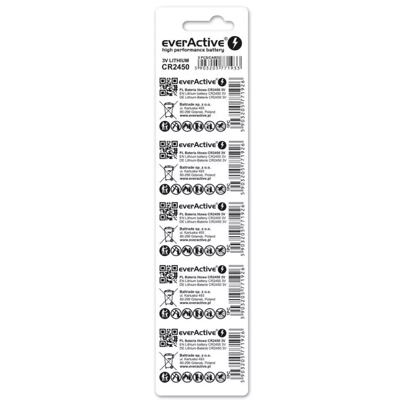 Ličio moneta/plokščia baterija everActive CR2450, 3 V, 5 mm aukščio – pakuotė po 5 vnt.