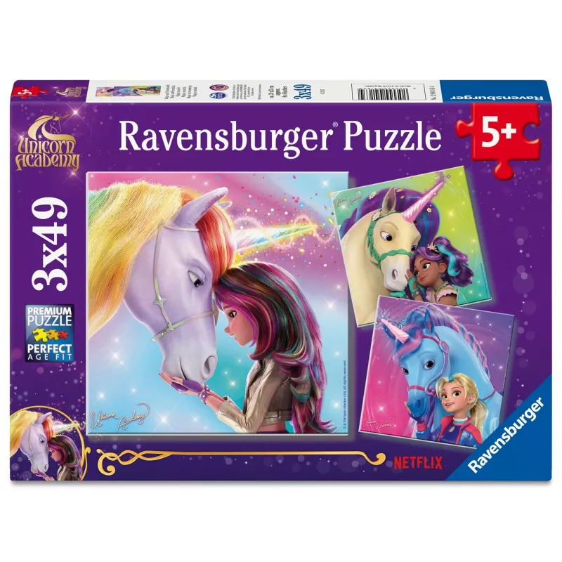 Dėlionė Ravensburger Unicorn Academy – 3 x 49 dalių, rinkinys vaikams