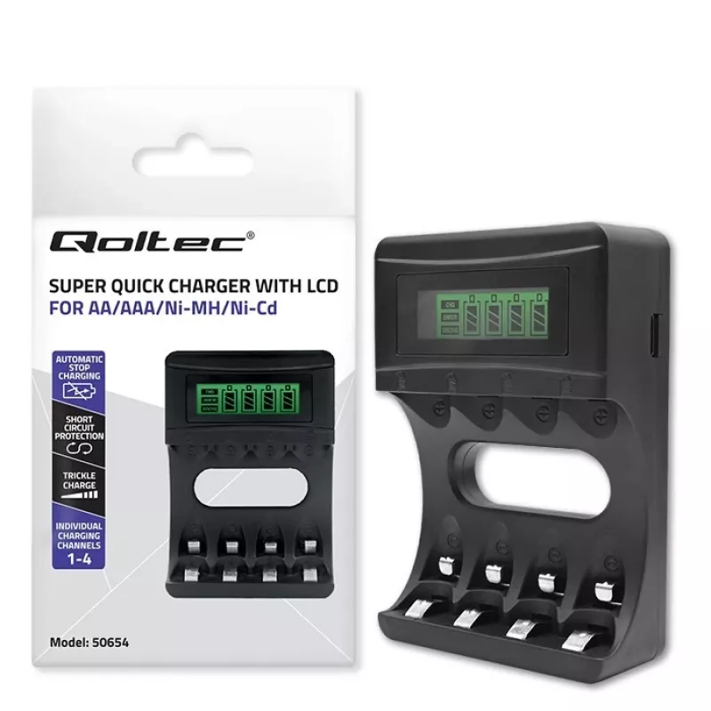 QOLTEC 50654 Įkroviklis Ni‑MH R03 (AAA) ir R6 (AA) baterijoms, 1800 mA