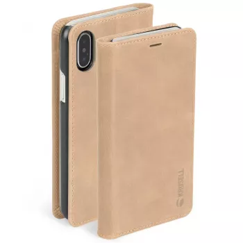 Krusell Sunne 4 Card FolioWallet dėklas iPhone XS Max, smėlio spalvos, natūrali oda