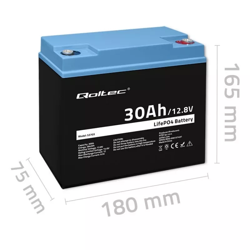 Įkraunama LiFePO4 baterija QOLTEC 12.8V 30Ah 384Wh su BMS