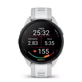 Išmanusis laikrodis GARMIN Forerunner 165 – GPS, AMOLED 1,2 colio, 4 GB, 5 ATM, 11 dienų baterija, pilkas korpusas, baltas dirželis
