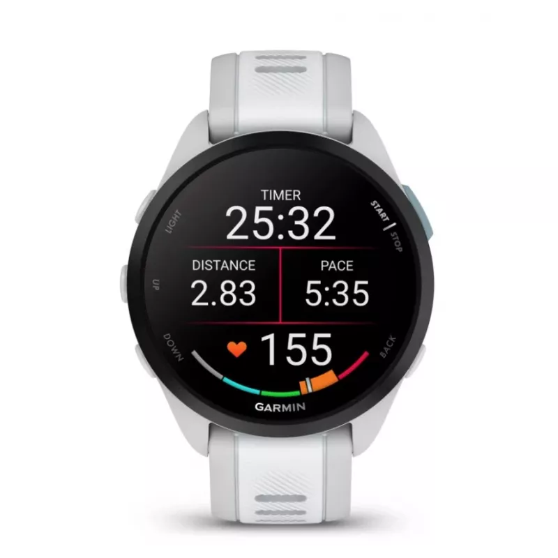 Išmanusis laikrodis GARMIN Forerunner 165 – GPS, AMOLED 1,2 colio, 4 GB, 5 ATM, 11 dienų baterija, pilkas korpusas, baltas dirželis