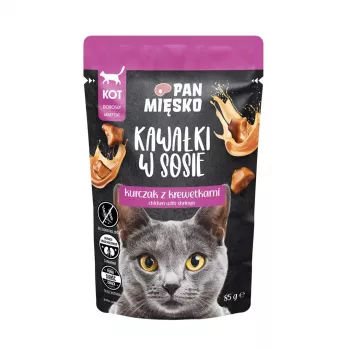 Šlapias kačių maistas Pan Miesko gabaliukai padaže – vištiena su krevetėmis, 85 g, suaugusioms katėms, drėgnis 81%