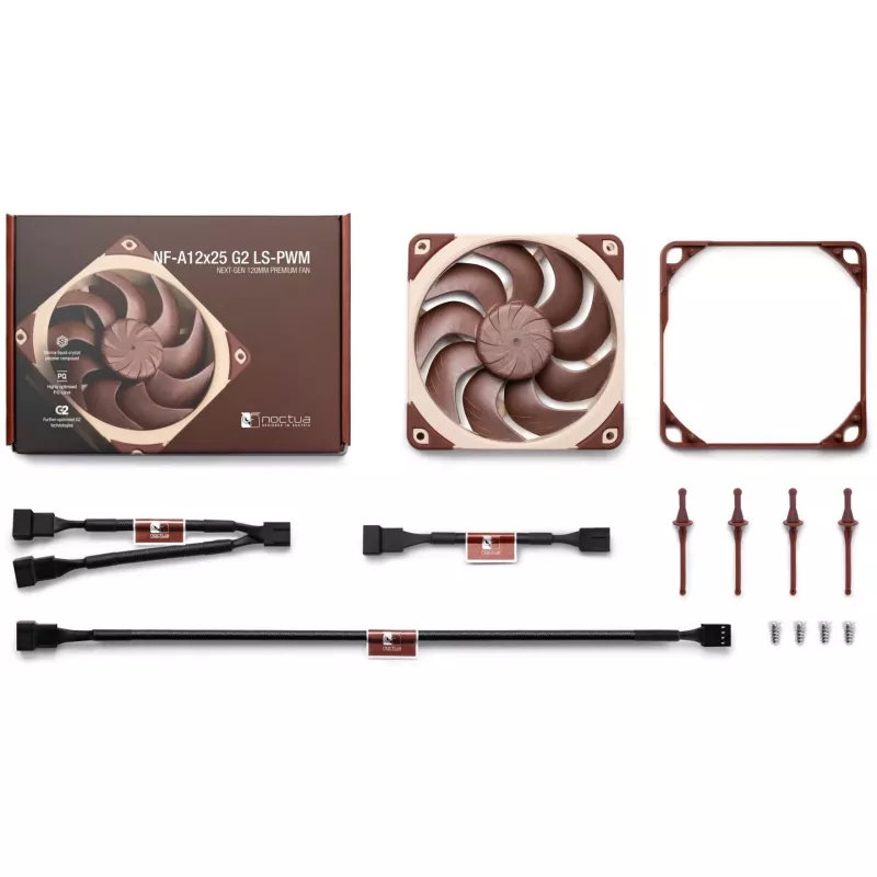 120 mm ventiliatorius Noctua NF-A12x25 G2 LS-PWM su PWM jungtimi, pritaikytas mažo triukšmo adapteriui