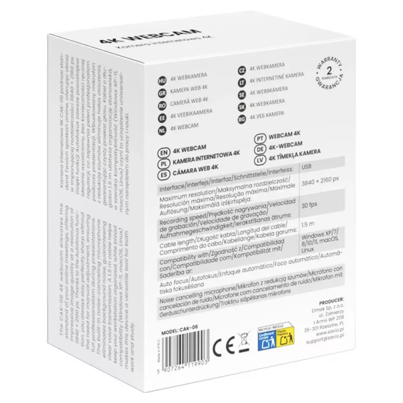 Internetinė kamera Savio CAK-06 4K Ultra HD USB juoda