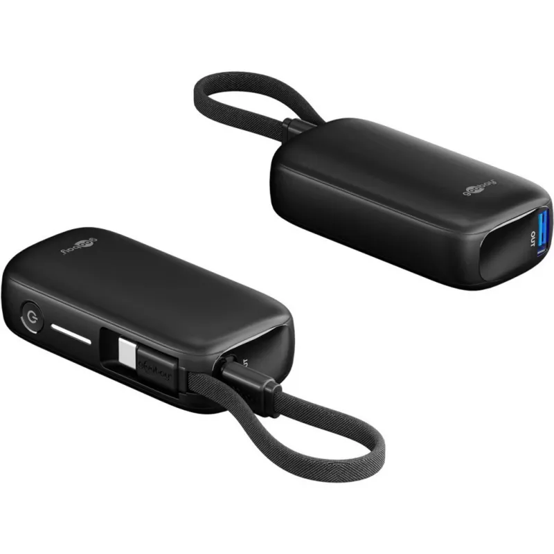Powerbankas 5000 mAh su integruotu USB-C laidu 13 cm, 20 W, juodas