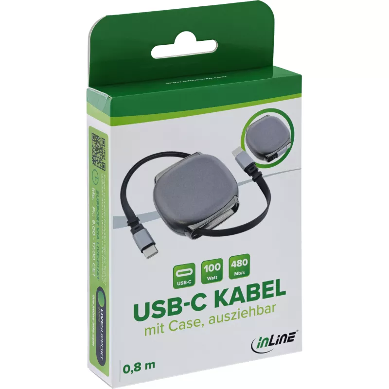 USB-C laidas InLine 35850, 100W galios tiekimas, 0,80 m, juodai pilkas