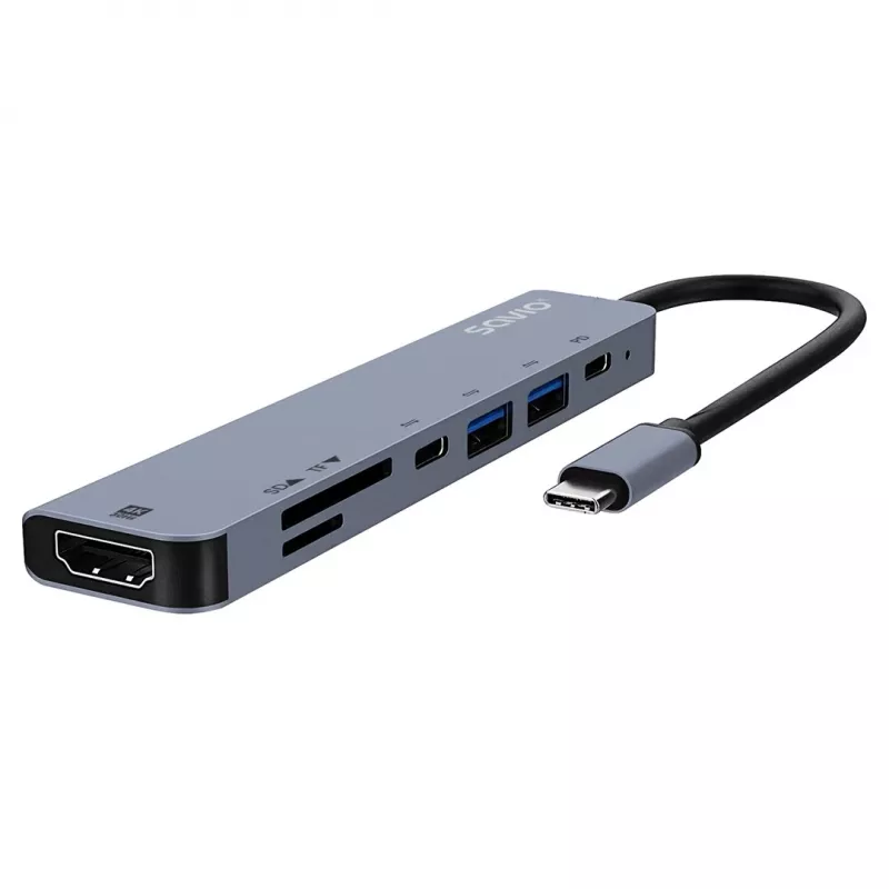 USB Type-C stotelė SAVIO AK-82 su HDMI, MicroSD, USB 3.2 Gen1, PD, 4K@30Hz, 5000 Mbit/s, juoda
