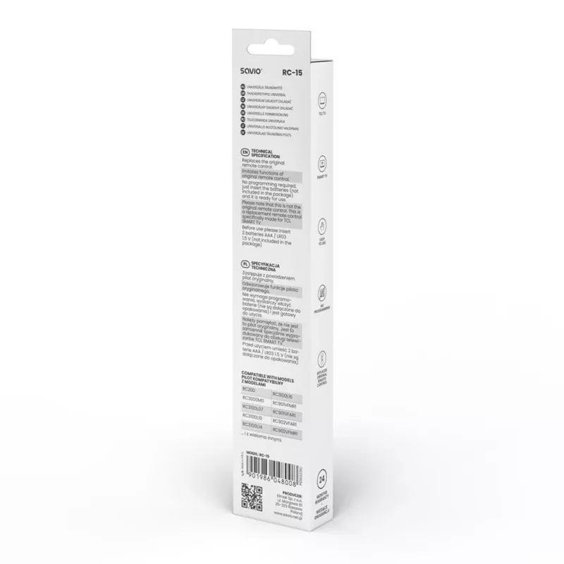 SAVIO universalus televizoriaus pultelis RC-15 TCL SMART TV, IR belaidis, juodas, veikimo nuotolis 10 m