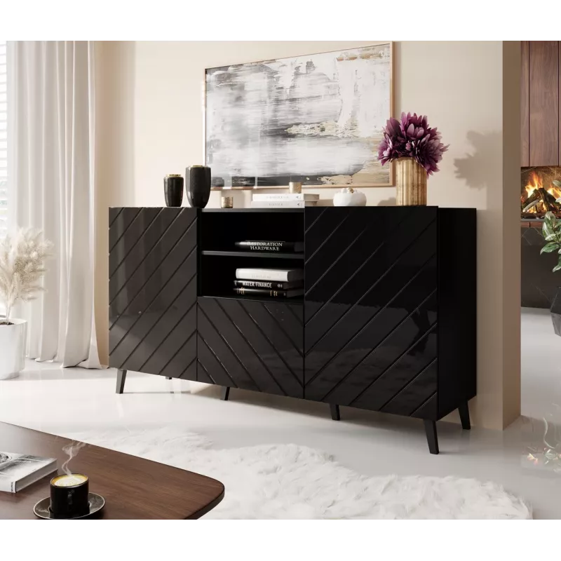 Komoda cama meble ABETO 150x42x82 cm, blizgi juoda, MDF rėmas, 1 stalčius
