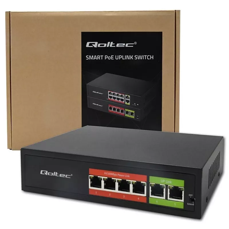 Eterneto PoE jungiklis QOLTEC 52289 — 4x RJ45 PoE prievadai, 2x RJ45 jungtis, 65W galios biudžetas