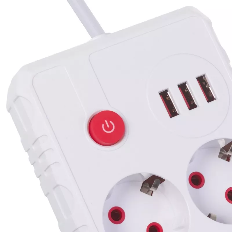 Maitinimo šynas MACLEAN MCE387 W — 2 kištukiniai lizdai, 3×USB A, 110–240V, 2500W, 1,5 m laidas, baltas