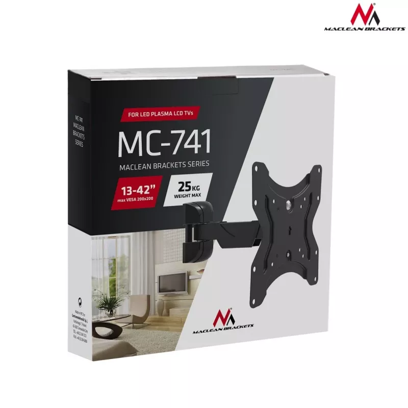 Sieninis TV laikiklis MACLEAN MC-741, 33–106,7 cm (13–42 col.), VESA 75x75–200x200, maks. 25 kg, juodas