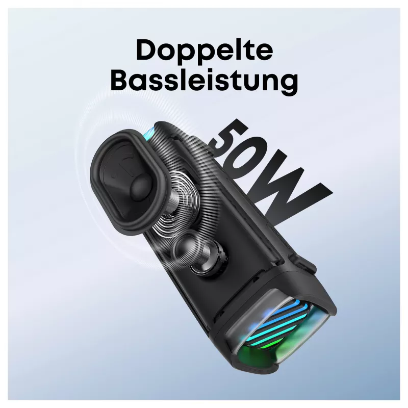Nešiojamas Bluetooth garsiakalbis ANKER Soundcore Boom 3i juodas, atsparus, IP68, 50W, BassUp, 16h veikimo laikas, šviesų šou, TWS stereo