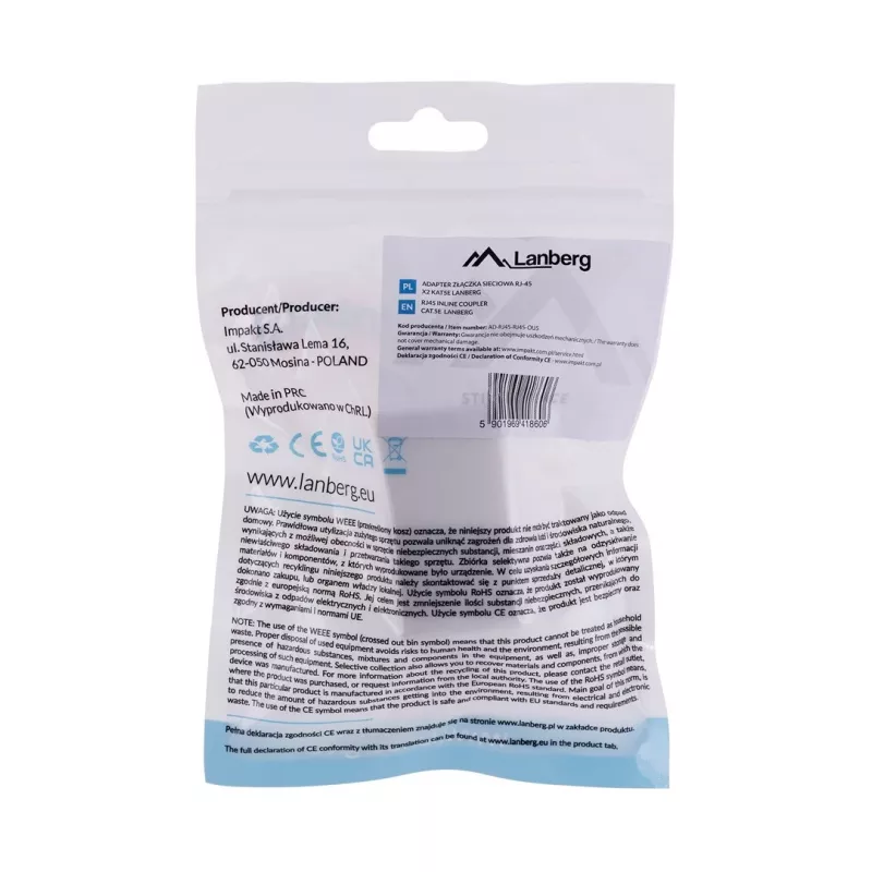 LANBERG lyties keitiklis RJ-45 į RJ-45, moteriškas–moteriškas, U/UTP Cat5e, baltas