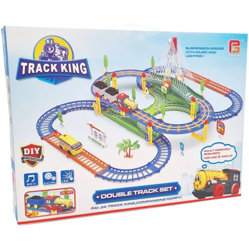 Traukinio bėgių rinkinys King Extralink Kids su lokomotyvu ir baterijomis varomu automobiliu