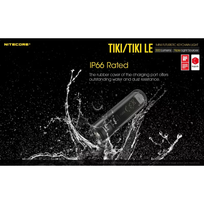 Rankinis žibintuvėlis Nitecore TIKI LE – 300 lm, USB įkraunamas, polikarbonatas, IP66, atsparus smūgiams, 10,5 g, 55 mm, Juodas