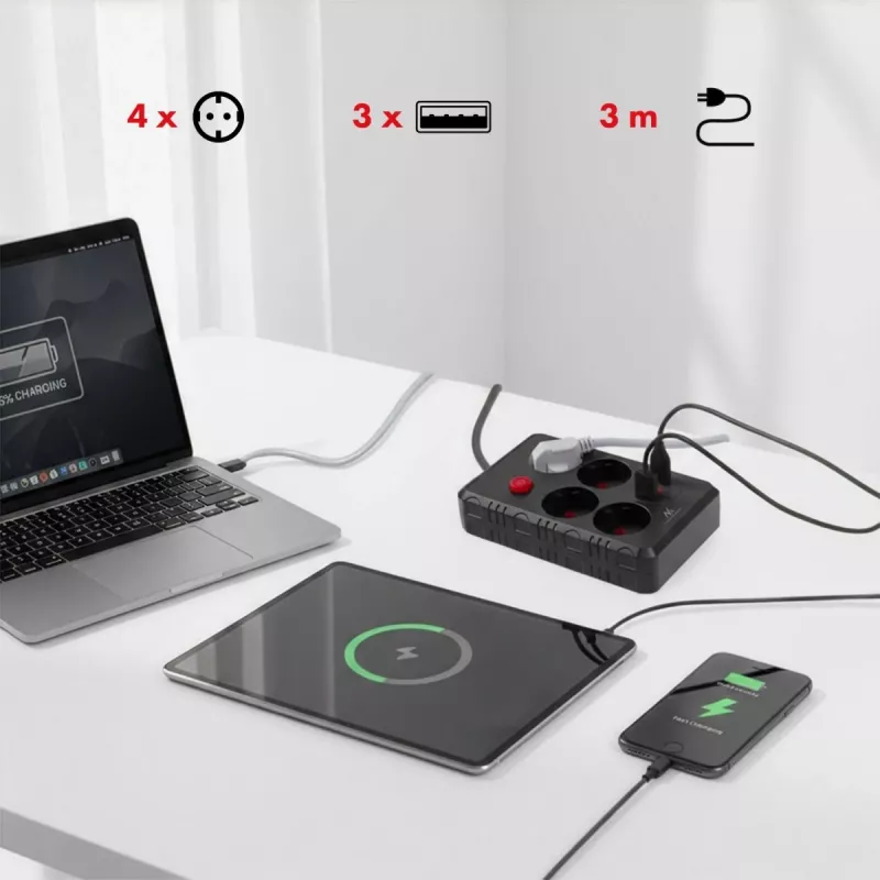 Ilgintuvas MACLEAN MCE393 B – 4 kištukiniai lizdai, 3×USB, 110–240V, 2500W, 3 m laidas, juodas