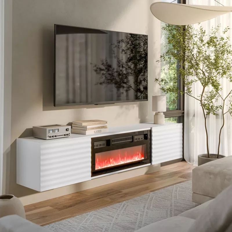TV spintelė Cama Meble TULA su elektriniu židiniu, 1830×350×370 mm, balta matinė