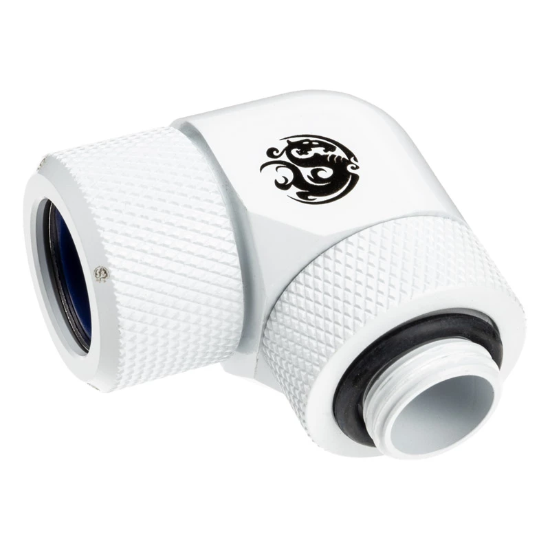 Bitspower BP-DWE90RMLA14 baltas Advanced Multi-Link 90° pasukamas adapteris, G1/4 išorinis sriegis – 14 mm kietasis vamzdis