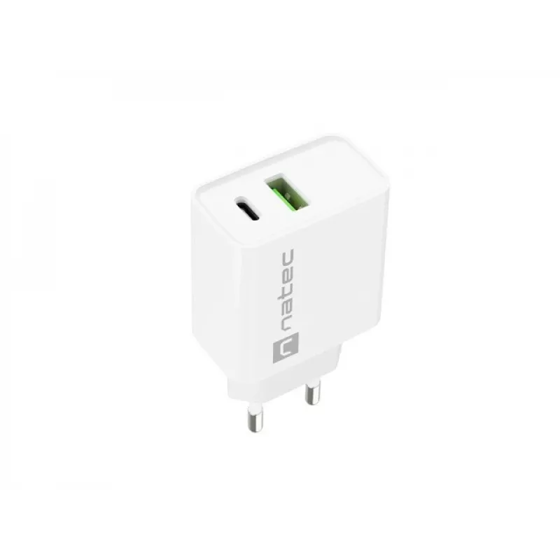 Sieninis greitasis įkroviklis NATEC RIBERA 12V 20W USB-C PD 3.0 + USB-A Samsung AFC Baltas