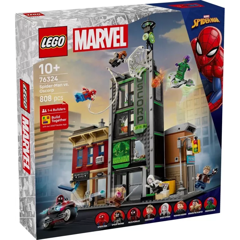 Konstruktorius LEGO Marvel rinkinys 76324 Žmogus voras prieš Oscorp, 808 dalių, 8 minifigūrėlės, nuo 10 metų