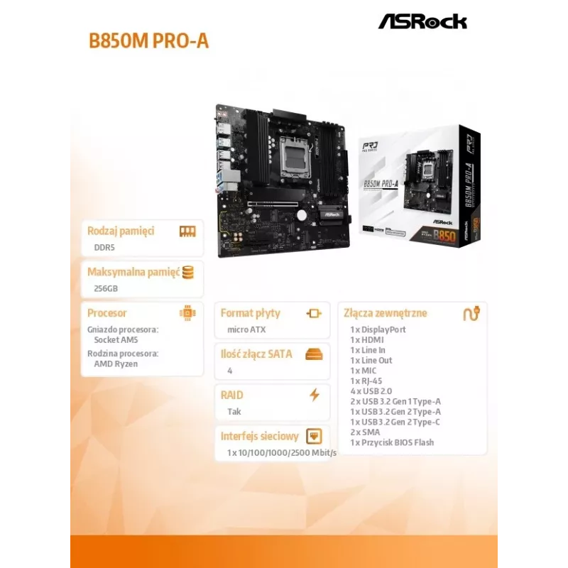 ASRock B850M Pro-A AM5 Micro-ATX pagrindinė plokštė