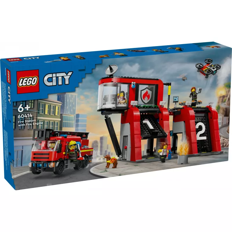 Konstruktorius LEGO City Gaisrinė su sukamu kopėčių automobiliu 60414 — 843 detalės, 5 minifigūrėlės, 220×320×140 mm