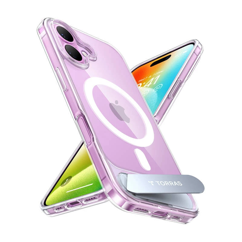 Dėklas Torras Pstand Series iPhone 16 Plus — skaidrus apsauginis dėklas su integruota kojykle