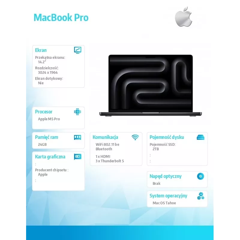 Nešiojamas kompiuteris Apple MacBook Pro 14 colių — M5 Pro 18 branduolių CPU / 20 branduolių GPU, 24 GB RAM, 2 TB SSD, Space Black