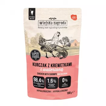 WIEJSKA ZAGRODA Vištiena su krevetėmis ir valerijonu – šlapias kačių maistas – 100g