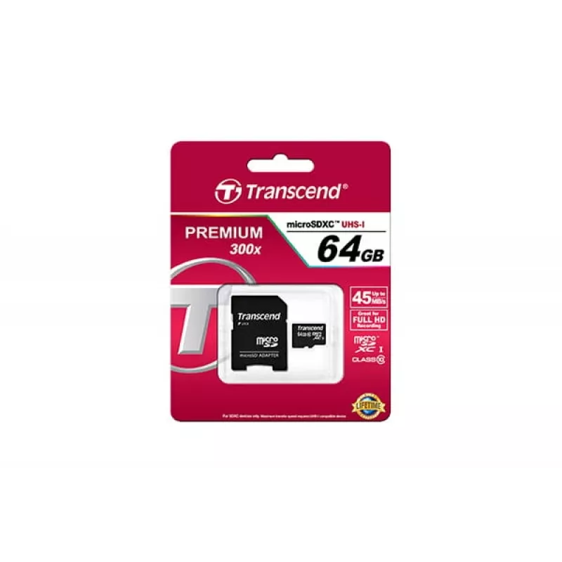 Flash atminties kortelė Transcend 64GB MicroSDXC Class 10 su adapteriu