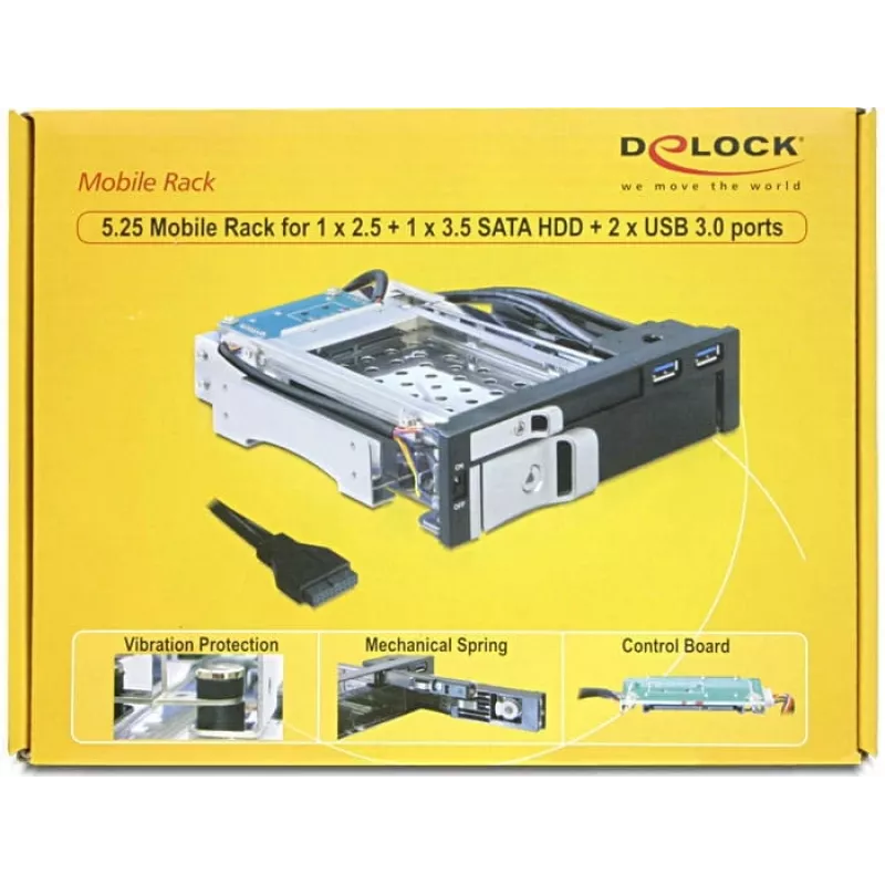 DeLOCK 5,25 colio mobilus diskų dėklas, skirtas 1 x 2,5 colio + 1 x 3,5 colio SATA HDD, su 2 x USB 3.0 prievadais (47209)