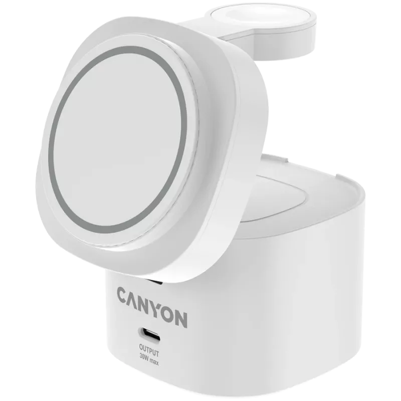 Canyon 4 viename belaidis įkrovimo stovas, 30W maks., dydis: 70x70x70,3 mm, svoris: 414 g, su 65W įkrovikliu ir 1 m laidu, baltas