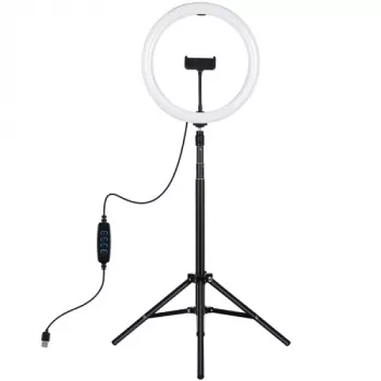 LED žiedinė šviesa 30 cm su trikojiu iki 1,65 m ir telefono laikikliu, USB