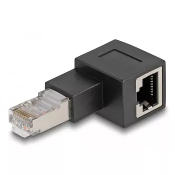 DeLOCK RJ45 kištukas į RJ45 lizdą adapteris Cat.6A 90° kairėn lenktas juodas