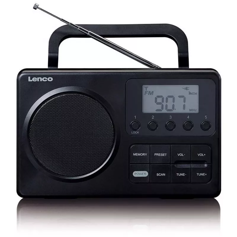 Nešiojamas radijas Lenco MPR-035BK – FM/AM, maitinimas iš tinklo arba baterijų, 2,5 colio LCD, 20 FM išankstinių nustatymų, 3,5 mm išėjimas