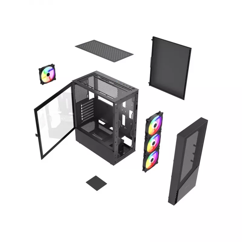 Gembird Fornax 4300 CCC-FC-4300 ATX Midi Tower žaidimų kompiuterio korpusas, grūdintas stiklas, ARGB ventiliatoriai, 2x USB 3.1, 1x USB 2.0, juodas