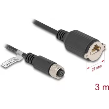 Tinklo kabelis DeLOCK M12 A-koduotas 8 kontaktų moteriškas į RJ45 Cat.5e 3 m juodas