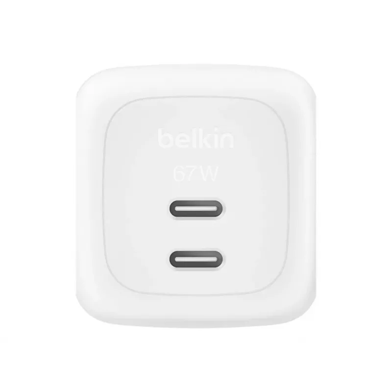 Greitasis AC sieninis įkroviklis Belkin WCH020KQ2MWH-B6 — 2x USB‑C, 2 m integruotas kabelis, baltas