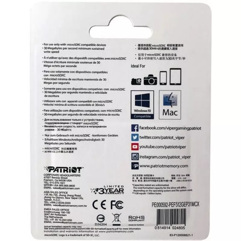 MicroSDXC atminties kortelė PATRIOT 512GB UHS-I U3 V30 Class 10, 90 MB/s skaitymas, su adapteriu