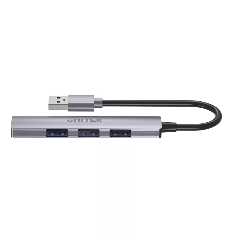 USB šakotuvas Unitek H1208A — 4 prievadai (1 × USB 3.2 Gen 1 Type-A, 3 × USB 2.0), aliumininis korpusas, pilka, 0,20 m laidas