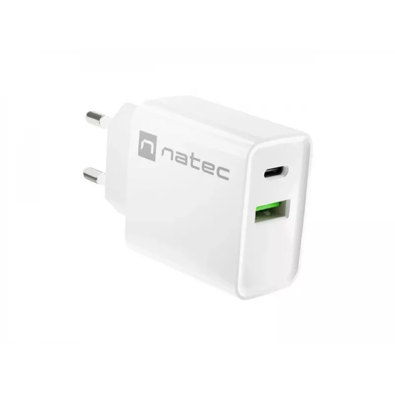 Sieninis greitasis įkroviklis NATEC RIBERA 12V 20W USB-C PD 3.0 + USB-A Samsung AFC Baltas