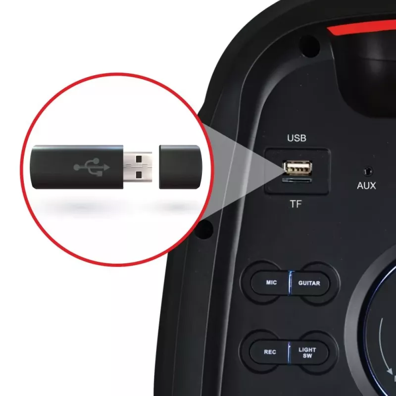 Nešiojamas garsiakalbis MANTA ATTIS SPK0802 120W, Bluetooth, laidinis įėjimas, įkraunamas, FM, LED lemputės